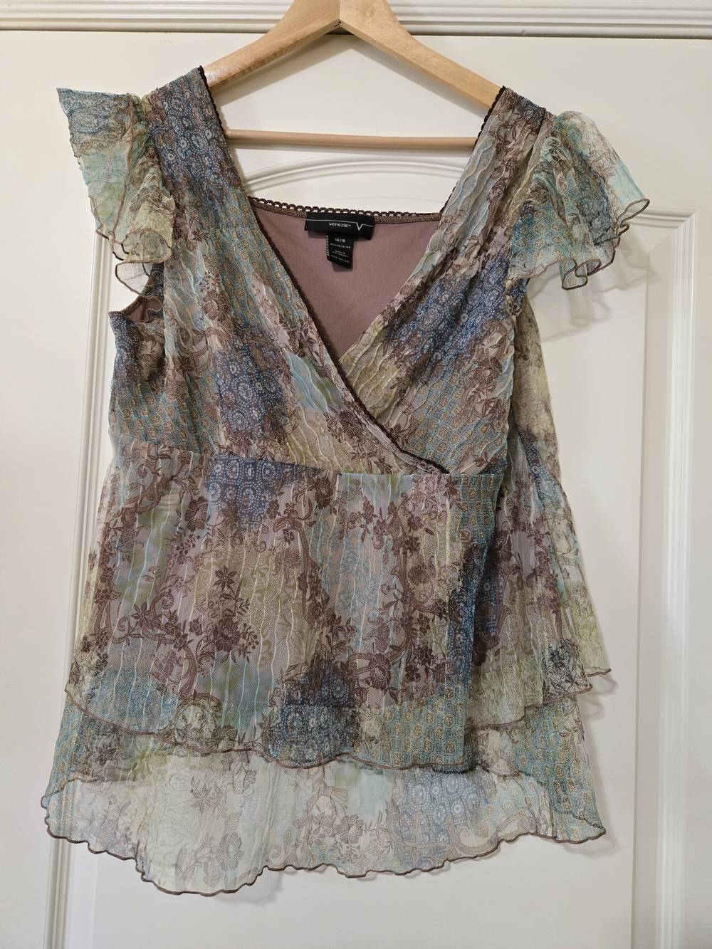 Venezia Multi-Color Sheer Ruffle V-Neck Blouse Floral Feminine Blue And Brown